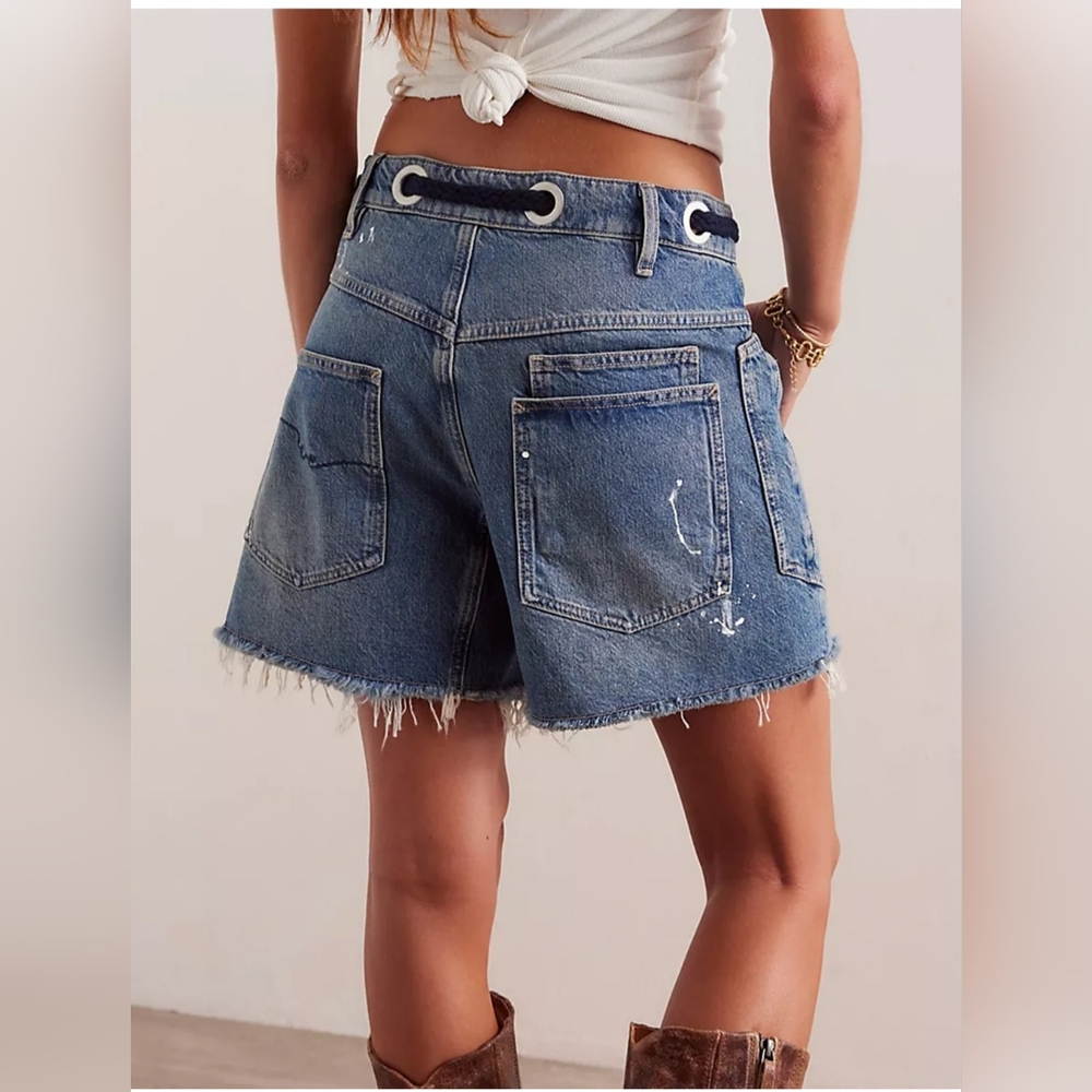 Free People Blue Distressed Denim Jean Shorts with Rope Tie - Picture 4 of 8